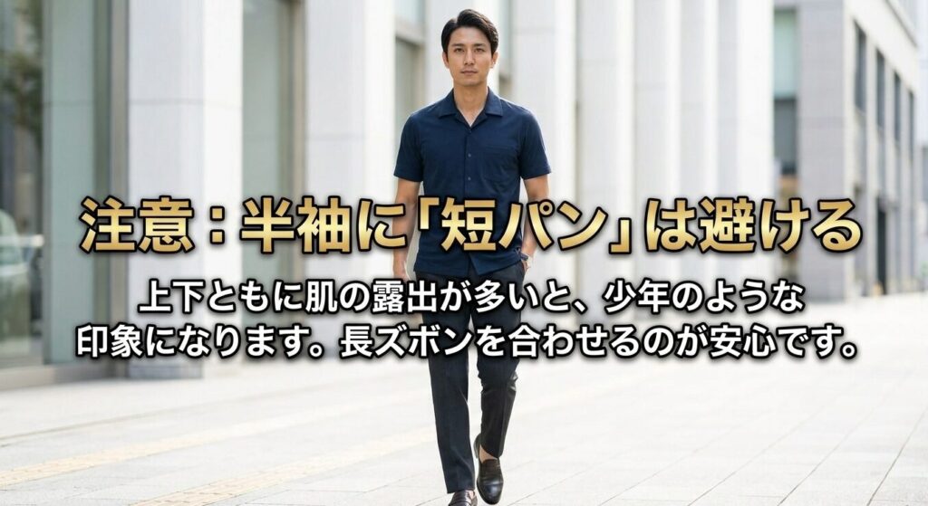 注意:半袖に短パンは避ける。上下ともに肌の露出が多いと、少年のような印象になります。長ズボンを合わせるのが安心です