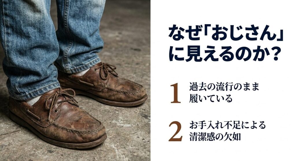 デッキシューズがおじさんに見える原因として、過去の流行のまま履いていることと、お手入れ不足による清潔感の欠如を挙げたスライド画像