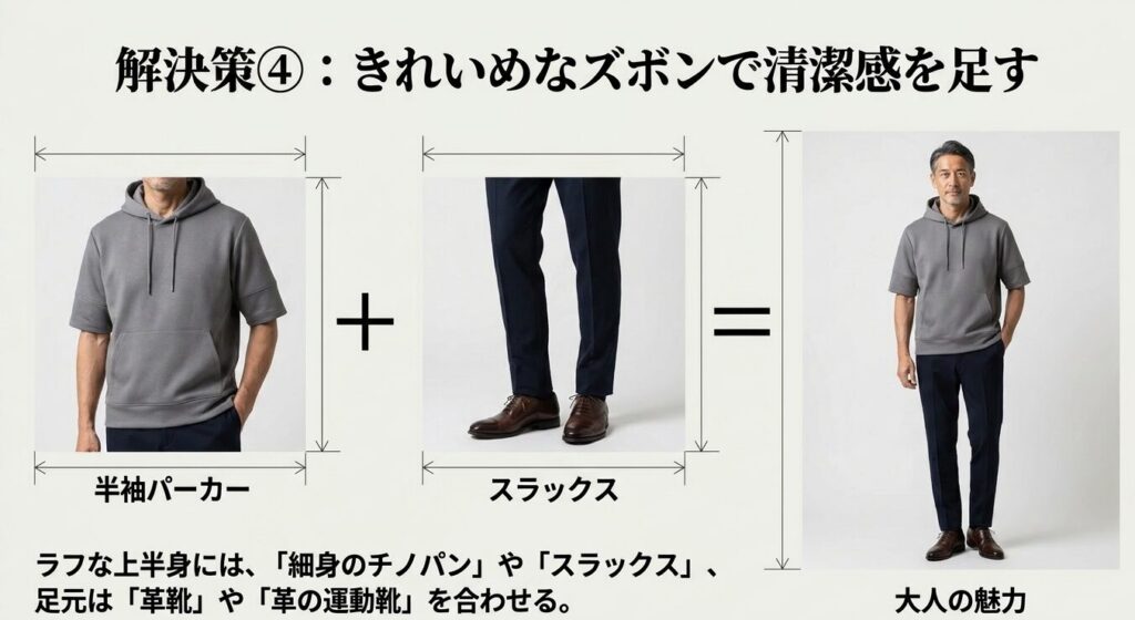 半袖パーカーにスラックスを合わせた女子ウケ抜群のきれいめメンズコーデ