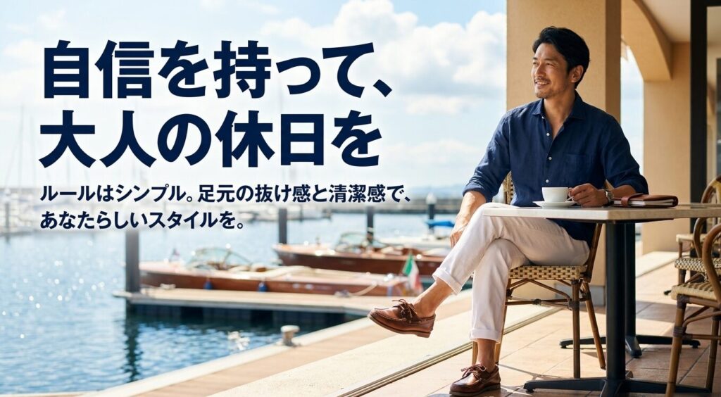 足元の抜け感と清潔感を意識し、自信を持って自分らしいデッキシューズコーデを楽しむことを促すまとめのスライド画像