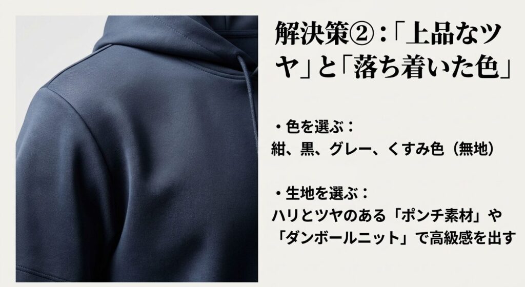 半袖パーカーを上品に見せるハリとツヤのある素材と落ち着いたカラー