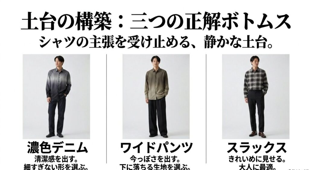濃色デニム、ワイドパンツ、スラックスを使ったグラデーションシャツの正解コーデを示すスライド