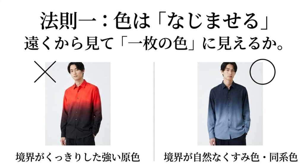 強い原色のグラデーションと自然なくすみ色の違いを比較したスライド