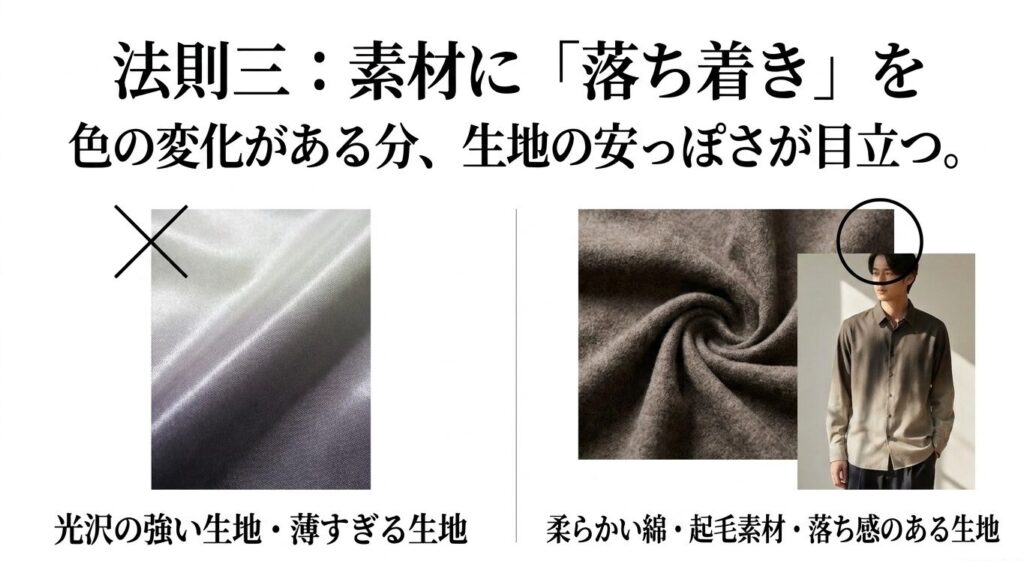 光沢の強い生地と落ち感のある柔らかい生地を比較したスライド