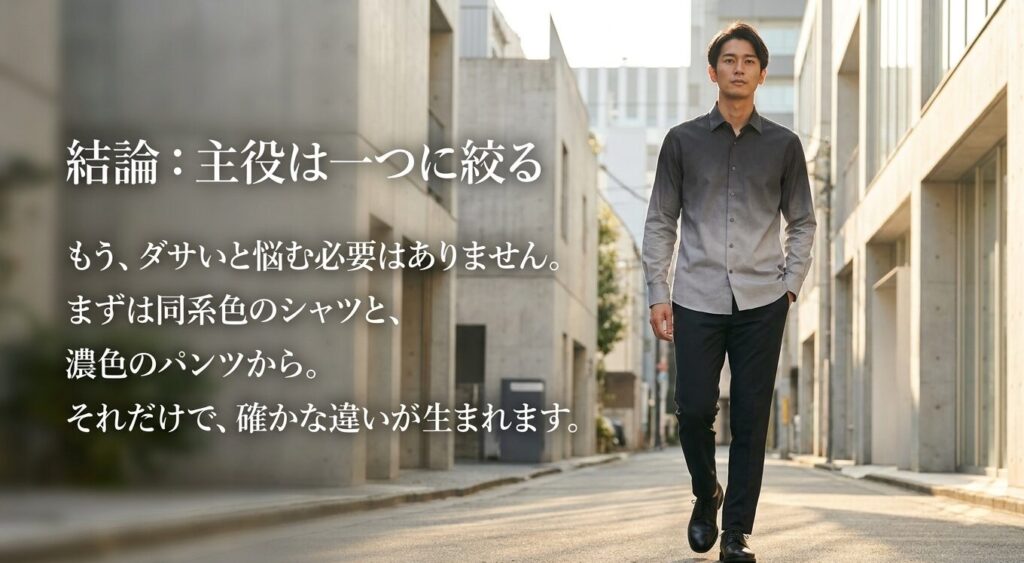 グラデーションシャツは同系色と濃色パンツで整えればダサく見えにくいとまとめたスライド