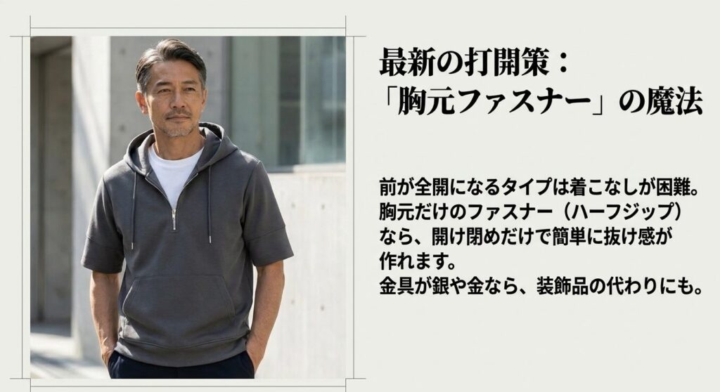胸元ファスナーで抜け感を自在に作れる流行りのハーフジップ半袖パーカー