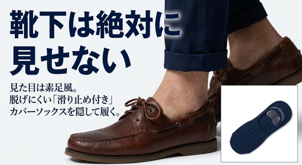 デッキシューズ着用時は靴下を見せず、脱げにくい滑り止め付きのカバーソックスを隠して履くスタイルを推奨するスライド画像