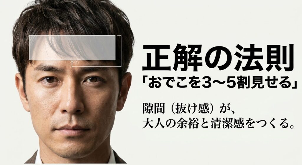 おでこを3から5割見せて隙間(抜け感)を作ることが、大人の余裕と清潔感をつくる前髪の正解であることを解説したスライド