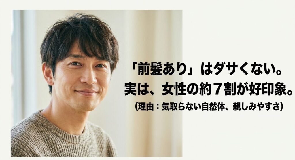 女性の約7割が前髪を下ろすメンズに気取らない自然体として好印象を抱いていることを示すスライド