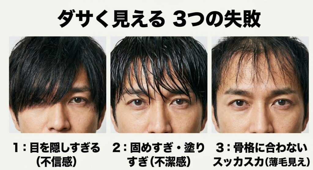 目を隠しすぎる、固めすぎる、骨格に合わずスッカスカになるといった、ダサく見える前髪の失敗例3つを解説したスライド