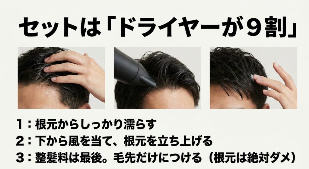 前髪のセットはドライヤーが9割であり、根元から濡らして風を当て、整髪料は最後にする手順を解説したスライド