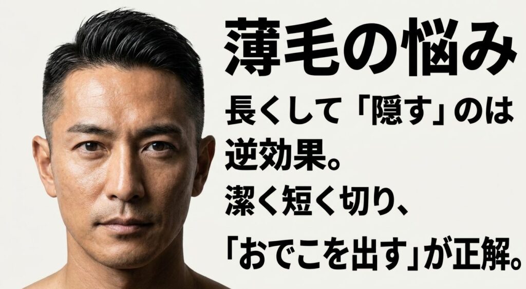 薄毛を隠すために前髪を長くするのは逆効果であり、潔く短く切っておでこを出すのが正解であることを解説したスライド