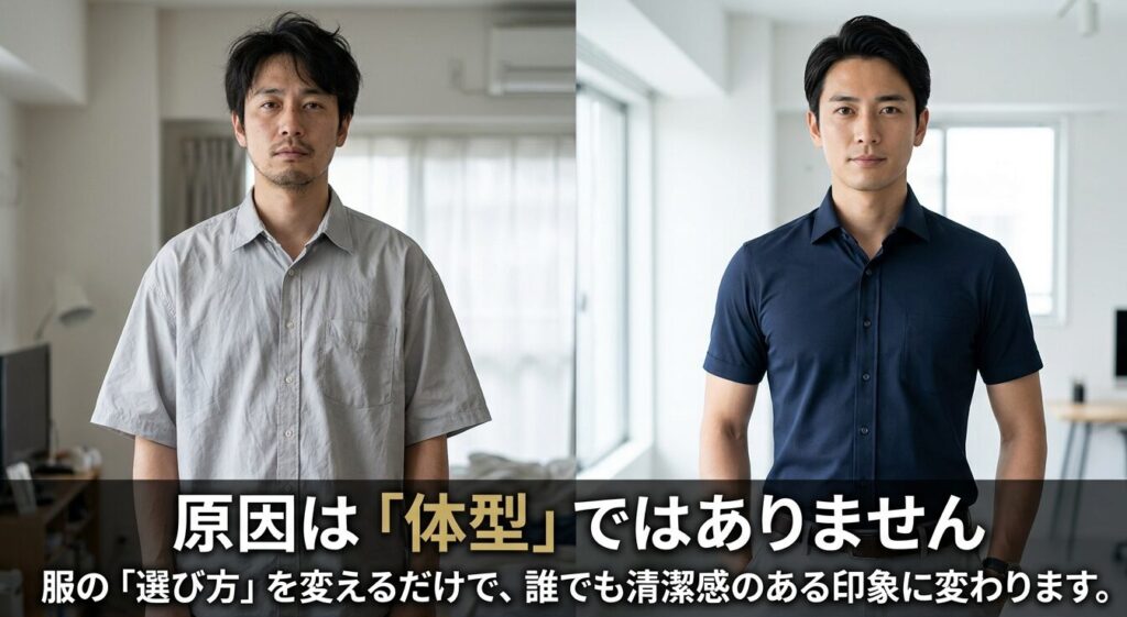 原因は体型ではありません。服の選び方を変えるだけで、誰でも清潔感のある印象に変わります