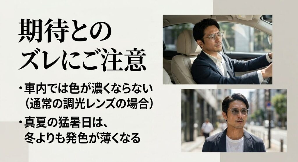 通常の調光レンズは車内で濃くなりにくく、真夏は発色が薄くなりやすいことを説明する画像