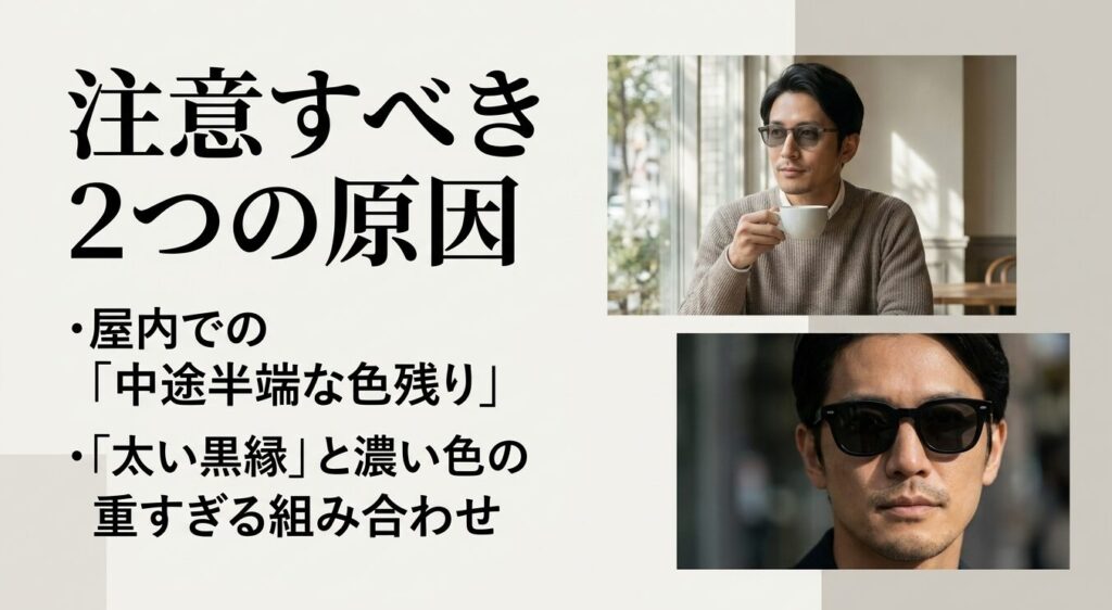 屋内での中途半端な色残りと太い黒縁フレームの重さを説明する比較画像