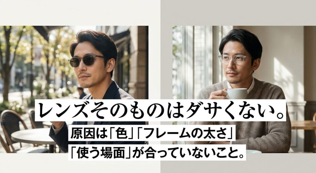 調光レンズそのものではなく、色やフレームの太さ、使う場面の不一致が原因であることを示す画像