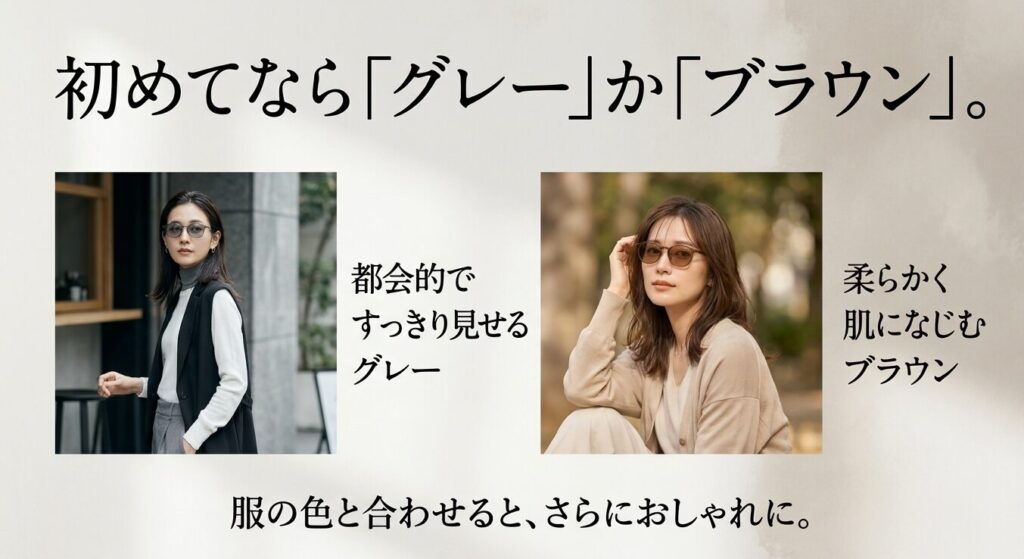 初めて調光レンズを選ぶなら都会的なグレーか肌になじむブラウンがおすすめであることを示す画像