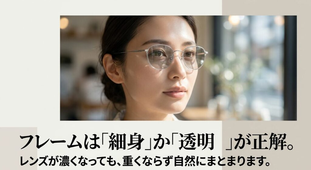 調光レンズは細身や透明感のあるフレームを選ぶと重く見えにくいことを示す女性のメガネ画像