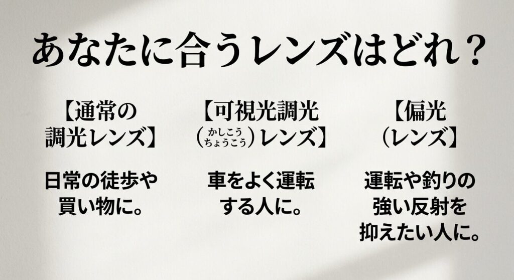 通常の調光レンズ、可視光調光レンズ、偏光レンズの向いている用途を比較した説明画像