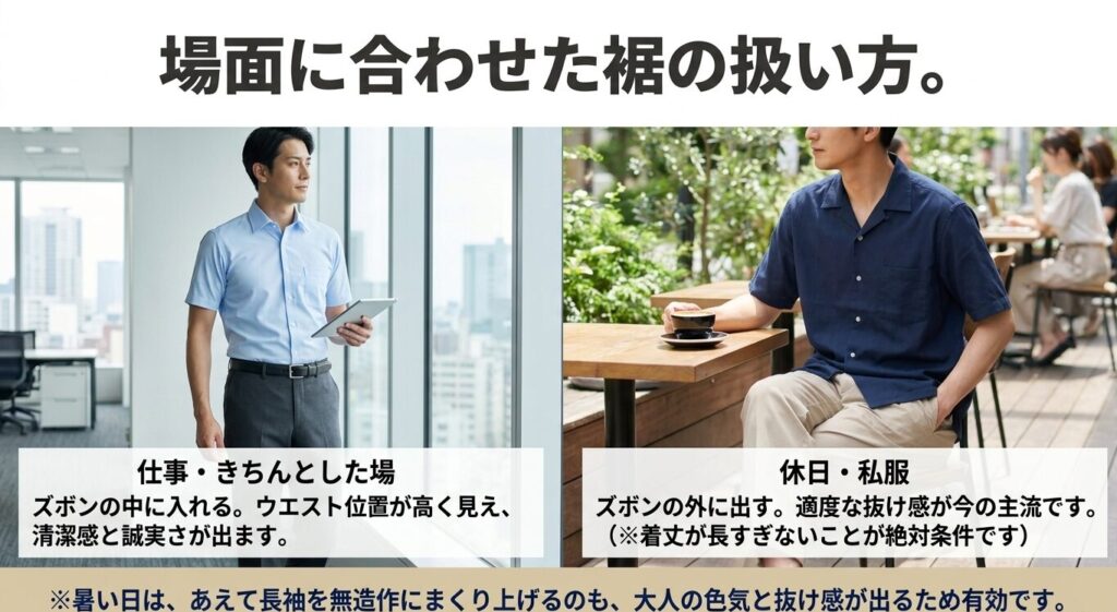場面に合わせた裾の扱い。仕事などきちんとした場ではズボンに入れる。休日の私服では出すのが正解です。