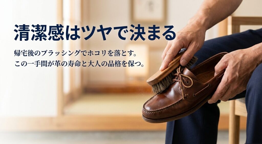 帰宅後にブラッシングでホコリを落とす一手間が、革の寿命と大人の品格を保つことを解説したスライド画像