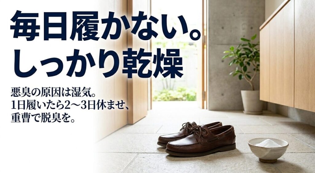 悪臭の原因となる湿気を防ぐため、1日履いたら2〜3日休ませて乾燥させ、重曹で脱臭することを推奨するスライド画像