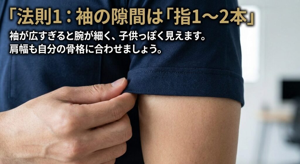 法則1:袖の隙間は指1〜2本。袖が広すぎると腕が細く、子供っぽく見えます。肩幅も自分の骨格に合わせましょう