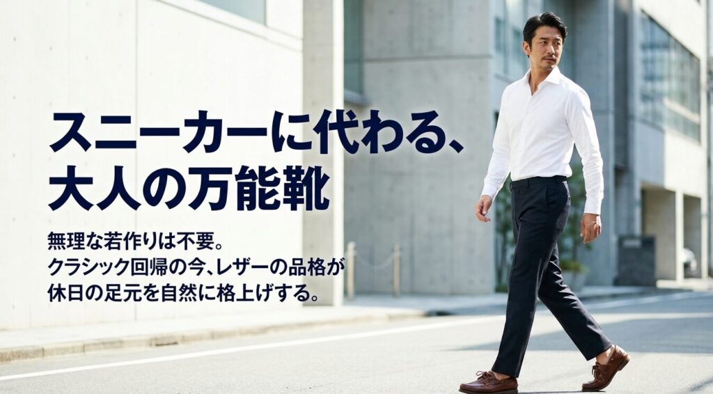 クラシック回帰の今、レザーの品格を持つデッキシューズがスニーカーに代わって休日の足元を格上げすることを説明するスライド画像