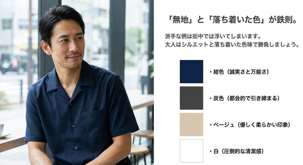 法則2:迷ったら紺色の無地。大きな柄は派手になりがちです。無地や落ち着いた色を選ぶのが、大人っぽく見せる鉄則です