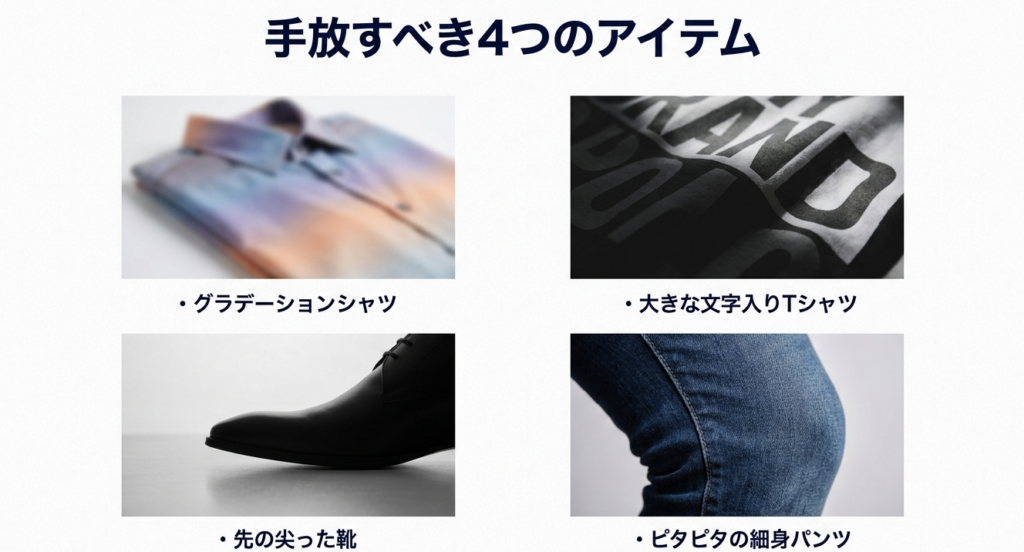 手放すべき4つのアイテム：グラデーションシャツ、大きな文字入りTシャツ、先の尖った靴、ピタピタの細身パンツ