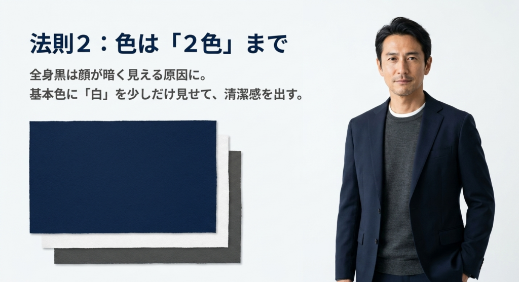 法則2：色は2色まで。基本色に白を少しだけ見せて清潔感を出す