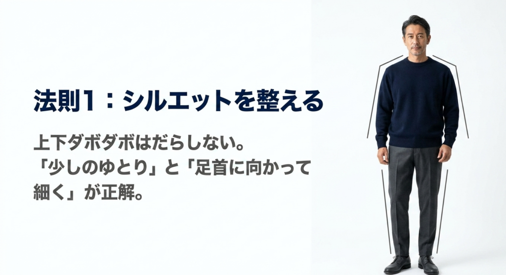 法則1：シルエットを整える。少しのゆとりと足首に向かって細くが正解