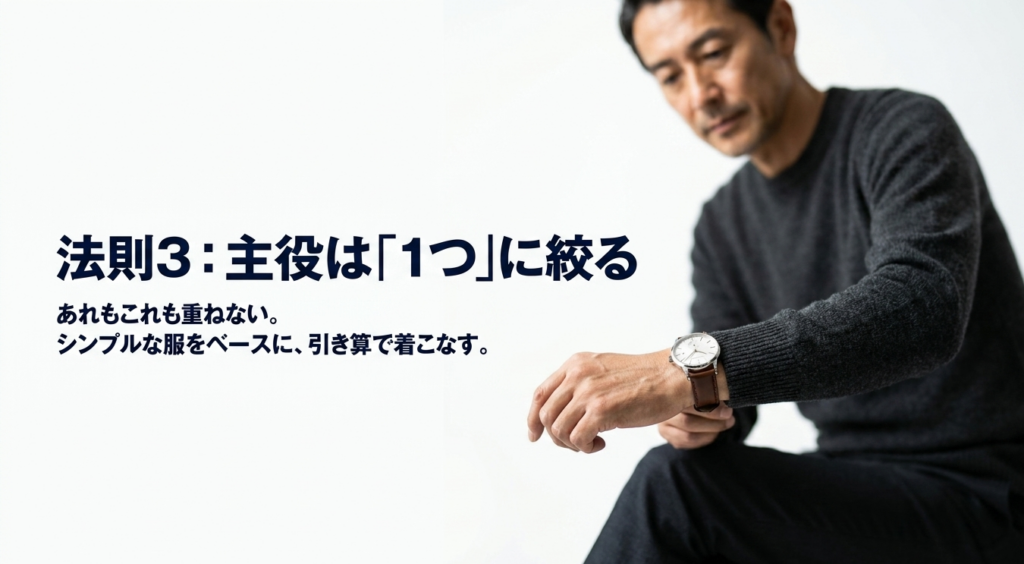 法則3：主役は1つに絞る。シンプルな服をベースに引き算で着こなす