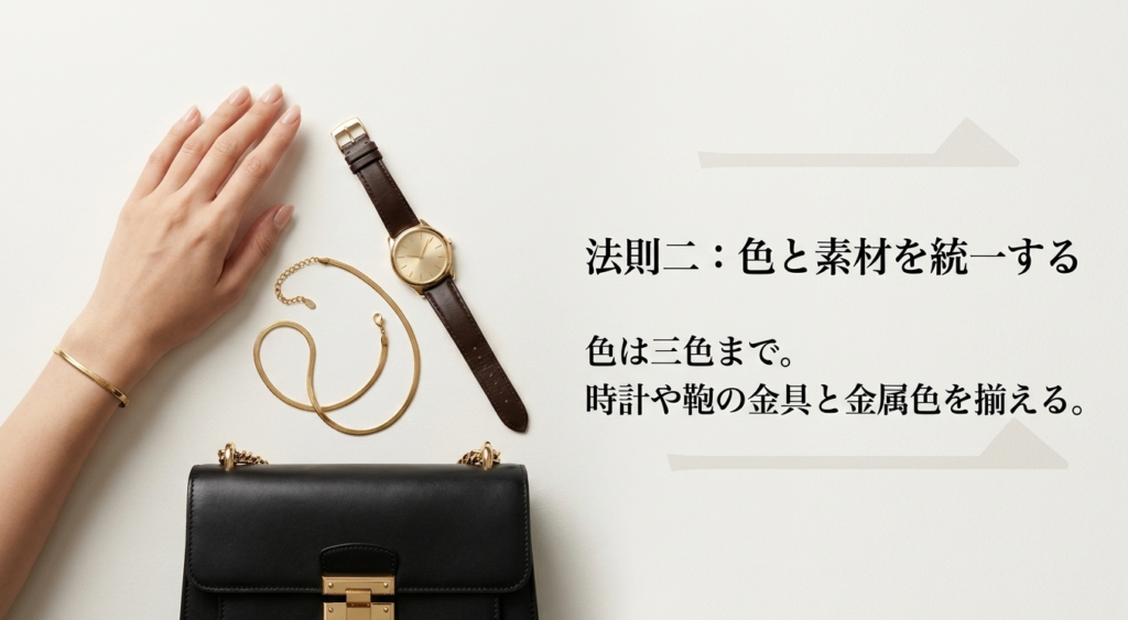 腕時計やバッグの金具とブレスレットの金属色を揃えたコーディネート例