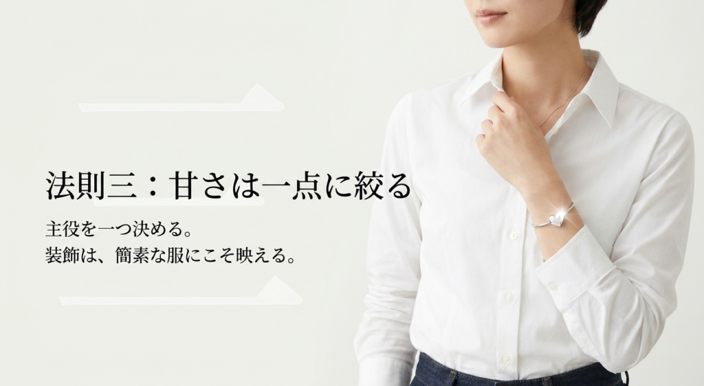 ハートなど甘いモチーフを一点に絞り大人っぽく見せたブレスレットコーデ