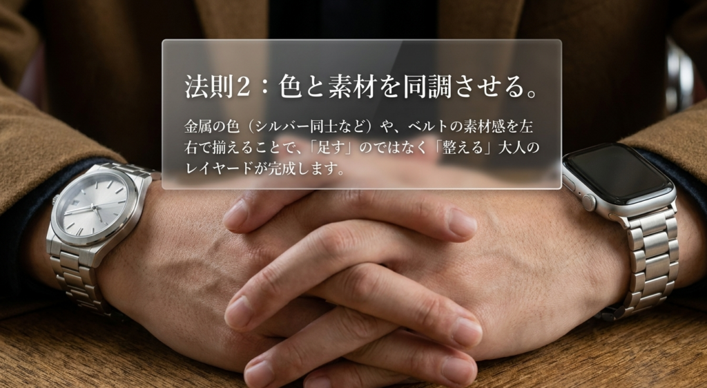 金属の色やベルトの素材感を左右の時計で同調させて整えるレイヤードの法則