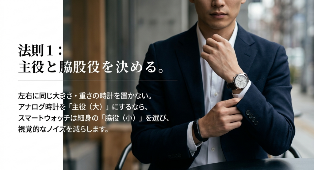 左右に同じ大きさ・重さの時計を置かず、アナログ時計を主役（大）、スマートウォッチを脇役（小）にして視覚的なノイズを減らす法則です。