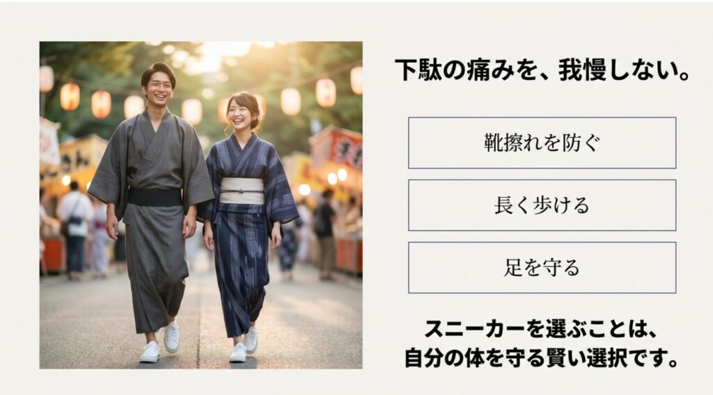 下駄の痛みを我慢しない。靴擦れを防ぎ、長く歩けるスニーカーを選ぶことは体を守る賢い選択