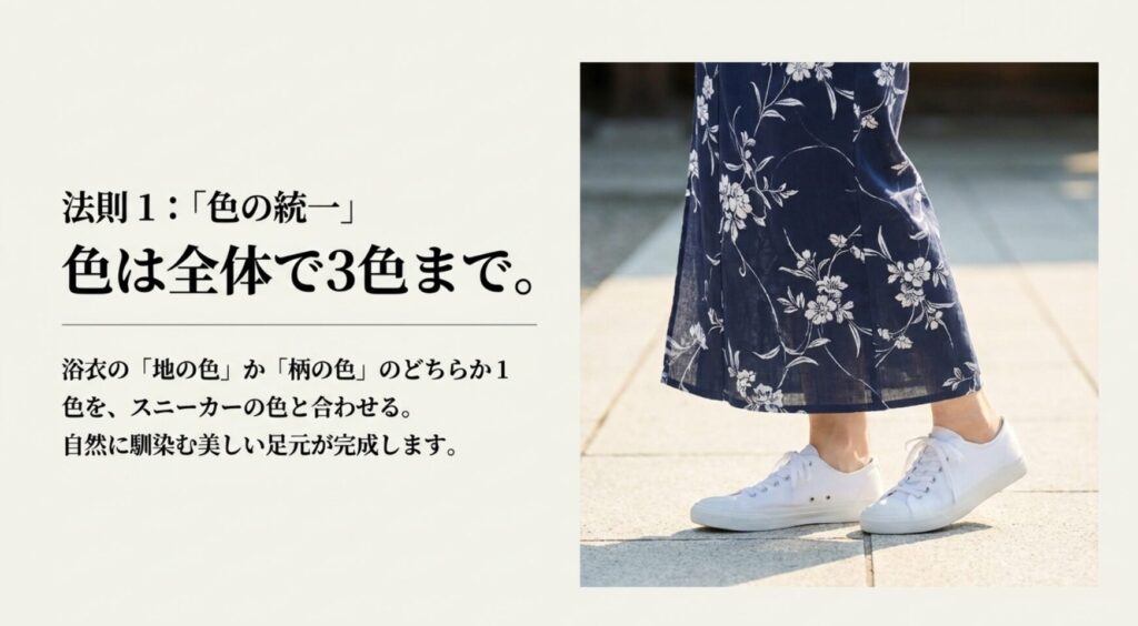 浴衣の地の色か柄の色をスニーカーと合わせる色の統一法則