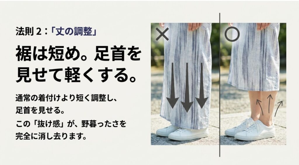 通常の着付けより短く調整し足首を見せることで野暮ったさを消す丈の調整法則