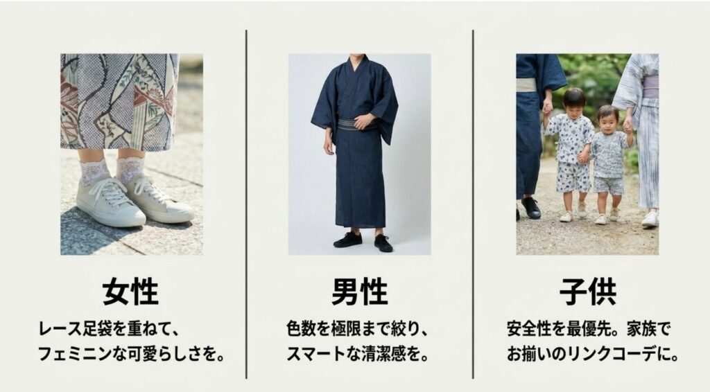 女性はフェミニン、男性はスマートな清潔感、子供は安全性を最優先したリンクコーデのポイント