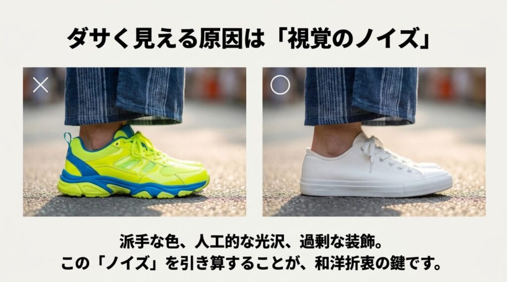 派手な色のスニーカーとシンプルな白スニーカーの比較。視覚のノイズを引き算することが和洋折衷の鍵