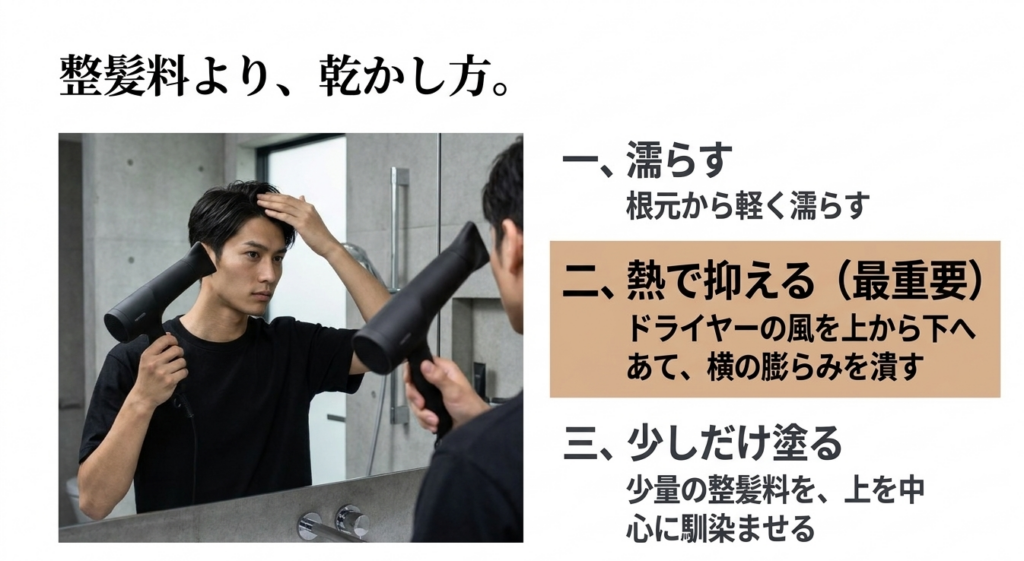 坊主の伸びかけを濡らしてドライヤーで抑え少量の整髪料でセットする方法