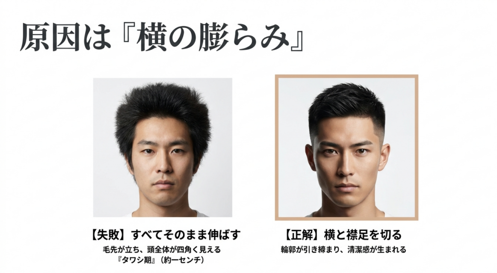 坊主の伸びかけでサイドが膨らむ状態と横や襟足を整えた状態の比較