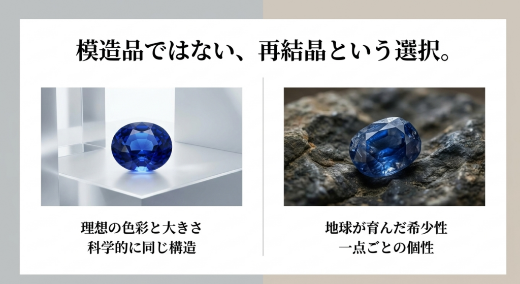 クレサンベールの再結晶宝石と天然宝石の特徴や価値の違いを比較した図