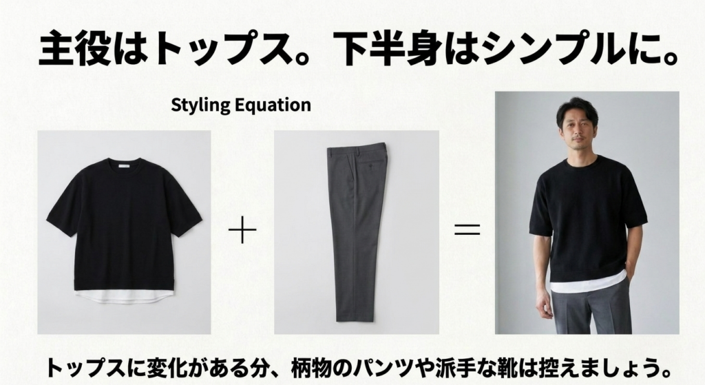 黒のフェイクレイヤードトップスにシンプルなグレーパンツを合わせたコーデ例