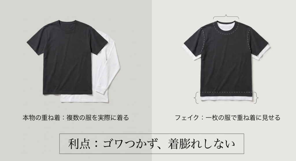 2枚の服を重ねるレイヤードと1枚で重ね着風に見せるフェイクレイヤードの比較