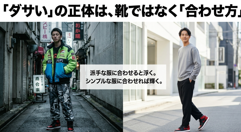 ジョーダンアクセスは派手な服よりシンプルな服に合わせるとまとまりやすいことを示す比較