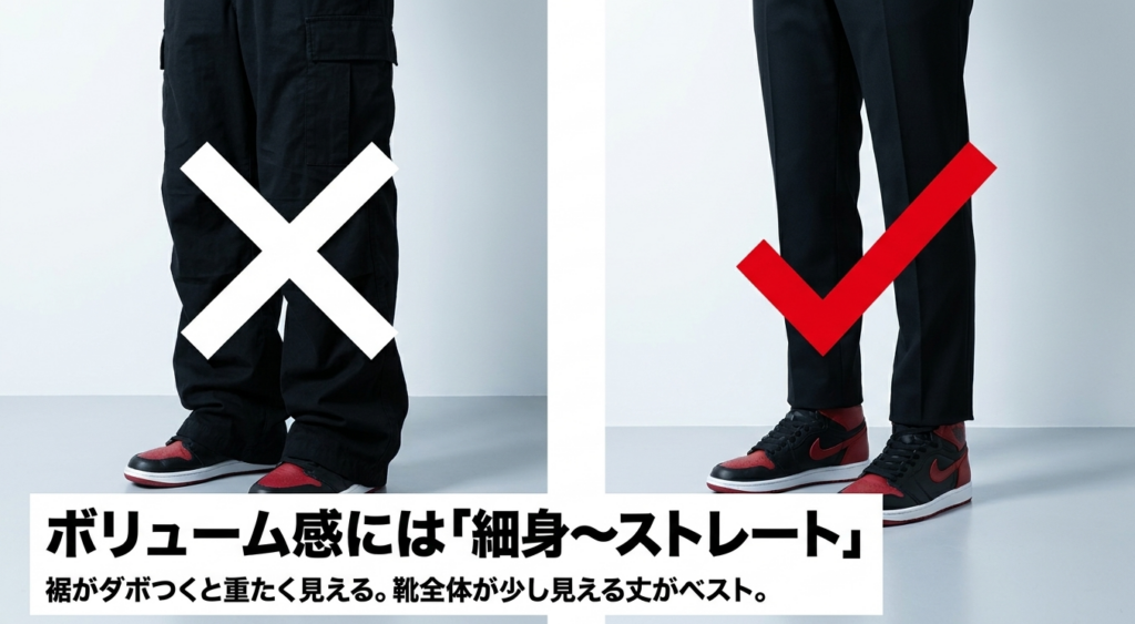 ジョーダンアクセスは裾がたまるパンツより細身からストレートのパンツが合わせやすい例