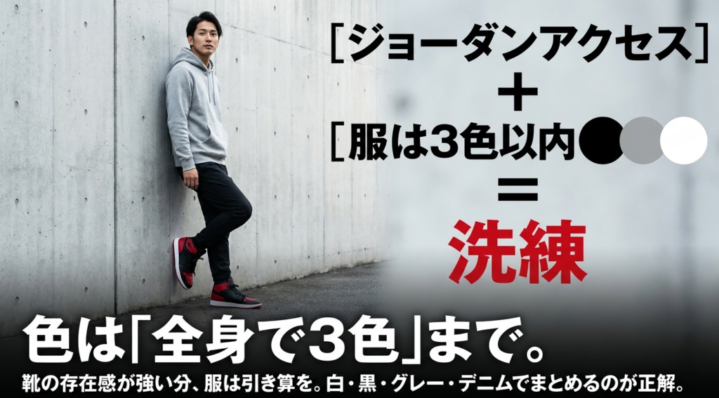 ジョーダンアクセスを黒・白・グレーなど全身3色以内でまとめるコーデのポイント